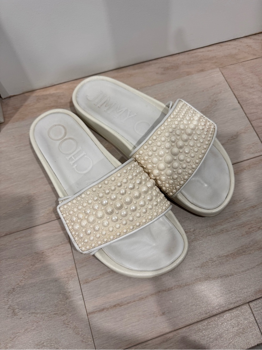 Jimmy Choo Pearl-Embellished Cream Pool Slide Sandals - Picture 3 of 6